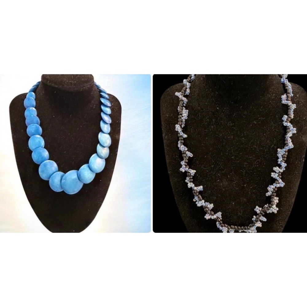 Blue Chunky Disc & Black Blue Seed Bead Spiral Necklace Set 2pc Boho‎ Artisan